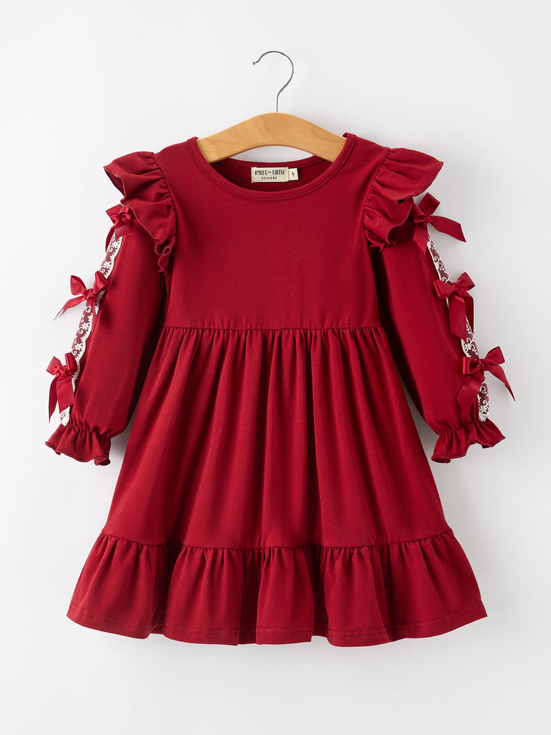 Christmas Girls Red Lace Bow Ruffle Dress - 1
