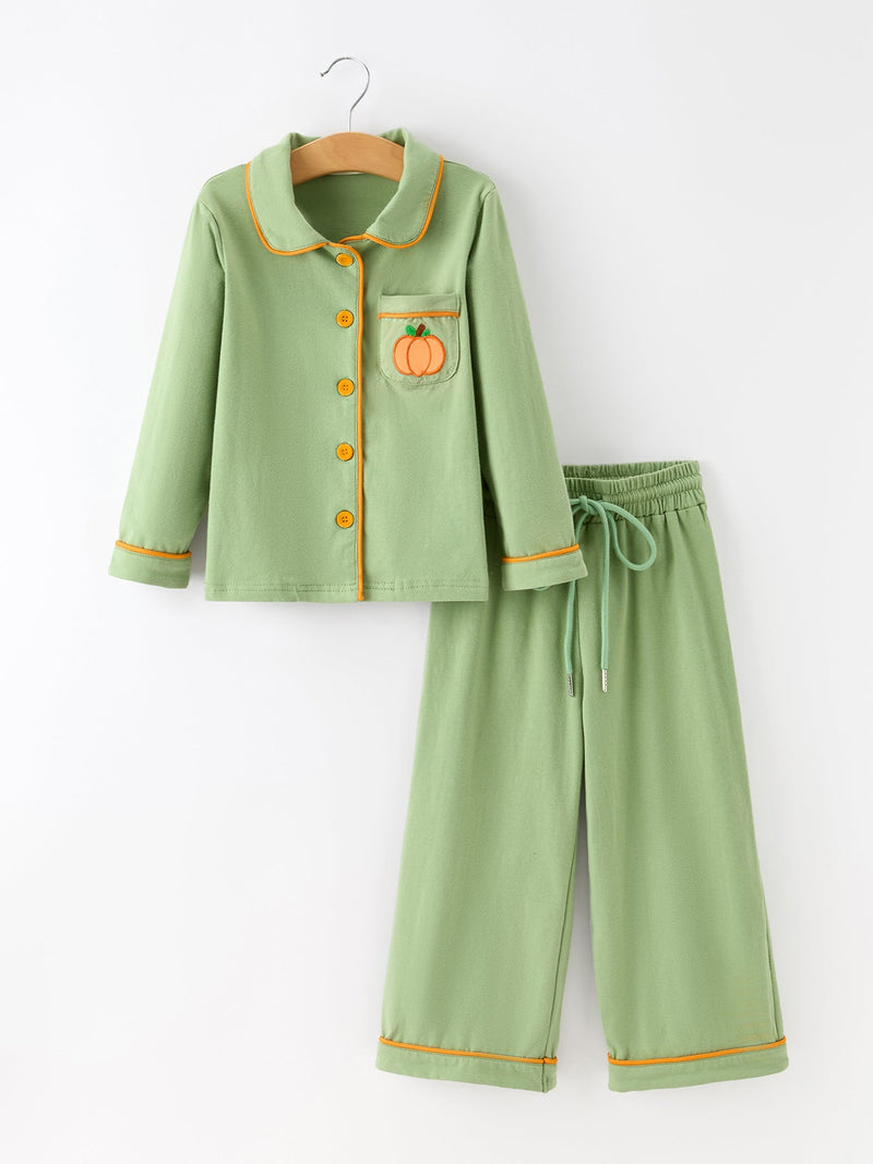 Fall Green Kids Pajamas Set Pumpkin Embroidery Button Sleepwear - 1
