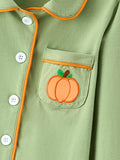 Fall Green Kids Pajamas Set Pumpkin Embroidery Button Sleepwear - 3
