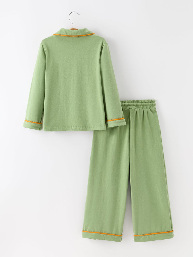 Fall Green Kids Pajamas Set Pumpkin Embroidery Button Sleepwear - 2