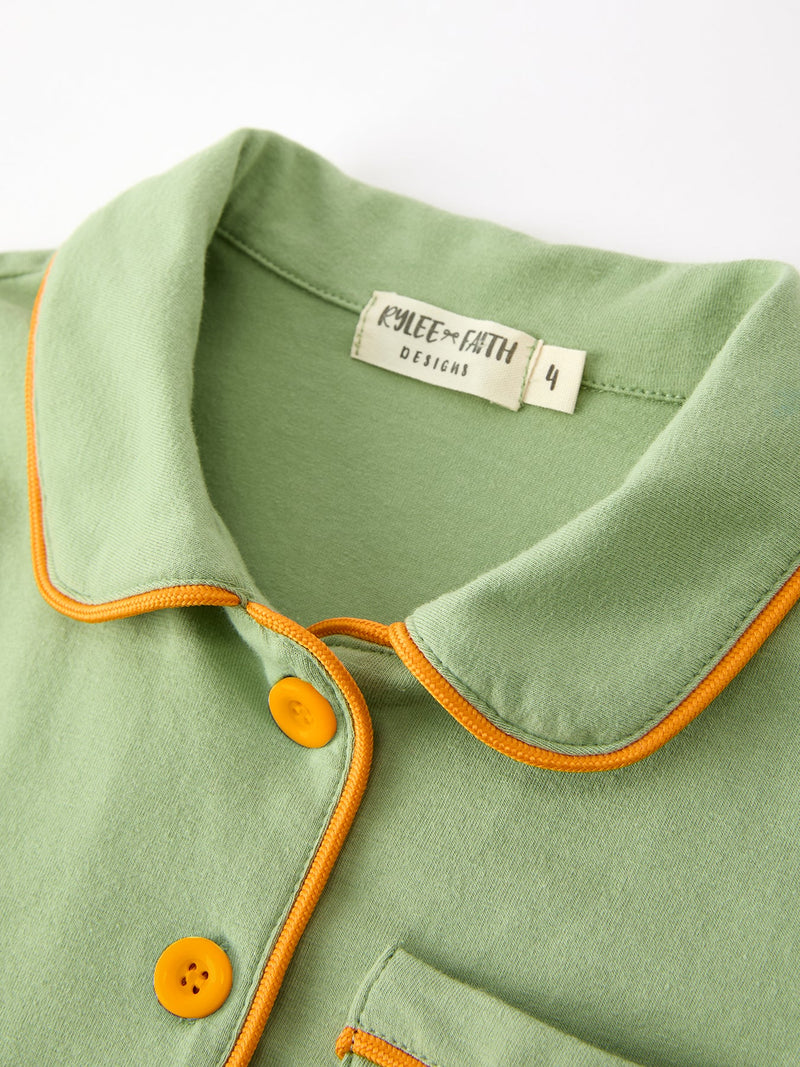 Fall Green Kids Pajamas Set Pumpkin Embroidery Button Sleepwear - 4
