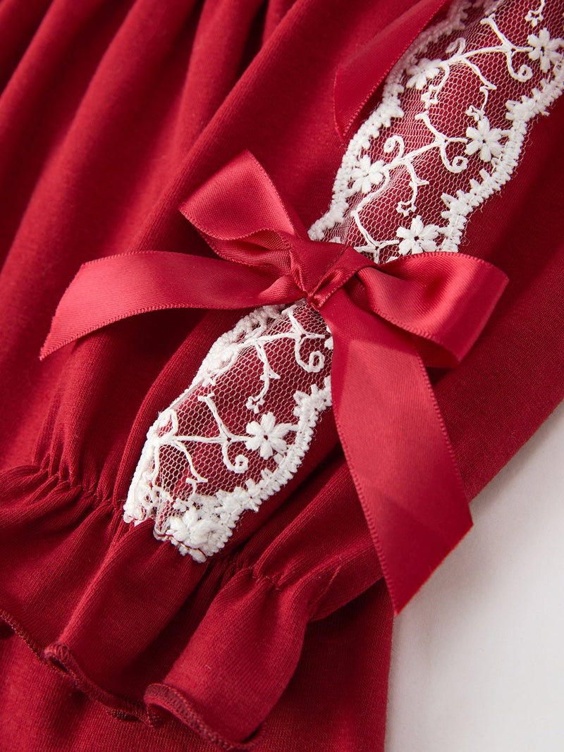 Christmas Girls Red Lace Bow Ruffle Dress - 4