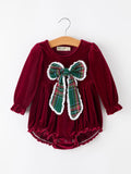 Baby Girls Christmas Burgundy Velvet Plaid Bow Romper - 1