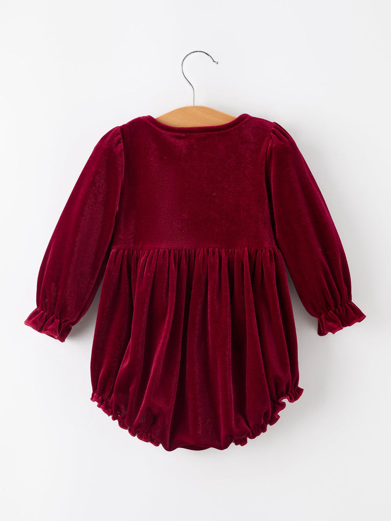 Baby Girls Christmas Burgundy Velvet Plaid Bow Romper - 2