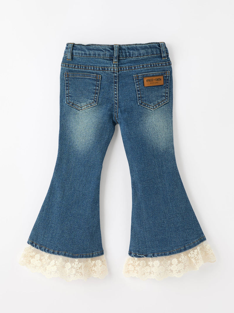 Girls Denim Lace Trim Bell Bottom Jeans - 2