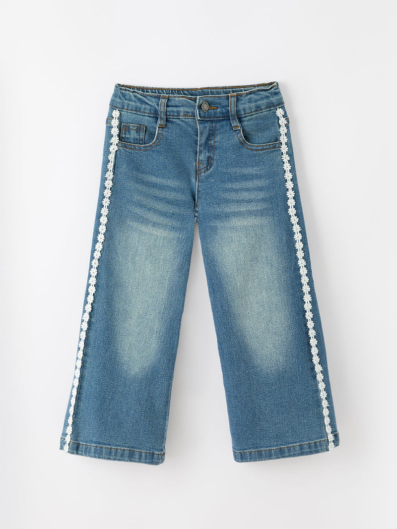 Girls Denim Daisy Lace Trim Wide Leg Jeans - 1