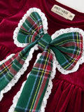 Baby Girls Christmas Burgundy Velvet Plaid Bow Romper - 3