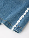 Girls Denim Daisy Lace Trim Wide Leg Jeans - 4