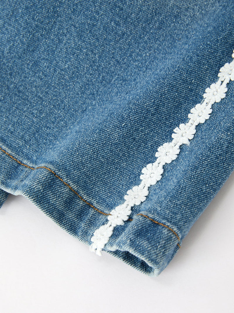 Girls Denim Daisy Lace Trim Wide Leg Jeans - 4