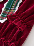 Baby Girls Christmas Burgundy Velvet Plaid Bow Romper - 4