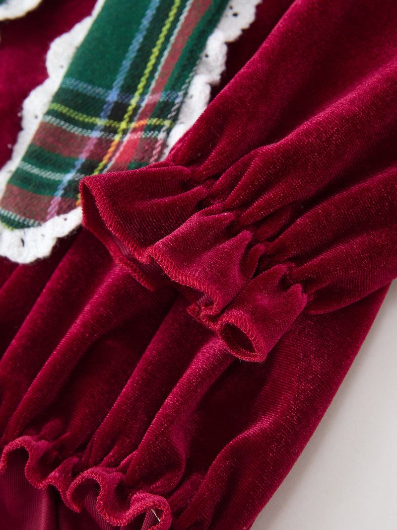 Baby Girls Christmas Burgundy Velvet Plaid Bow Romper - 4