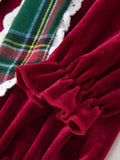 Girls Christmas Burgundy Velvet Plaid Bow Dress - 4