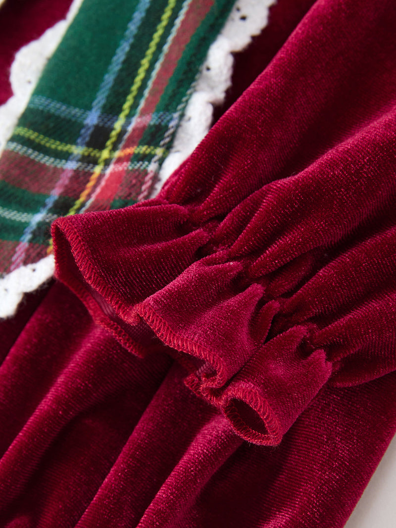 Girls Christmas Burgundy Velvet Plaid Bow Dress - 4