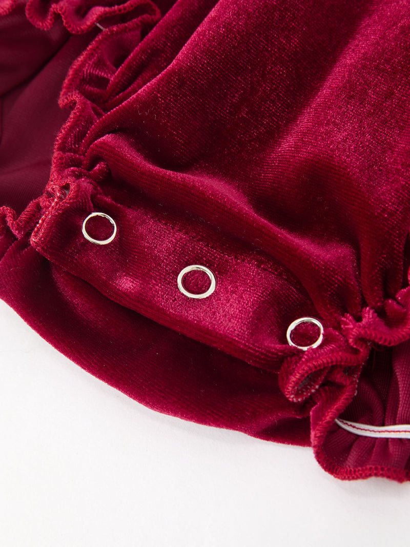 Baby Girls Christmas Burgundy Velvet Plaid Bow Romper - 5