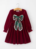 Girls Christmas Burgundy Velvet Plaid Bow Dress - 1