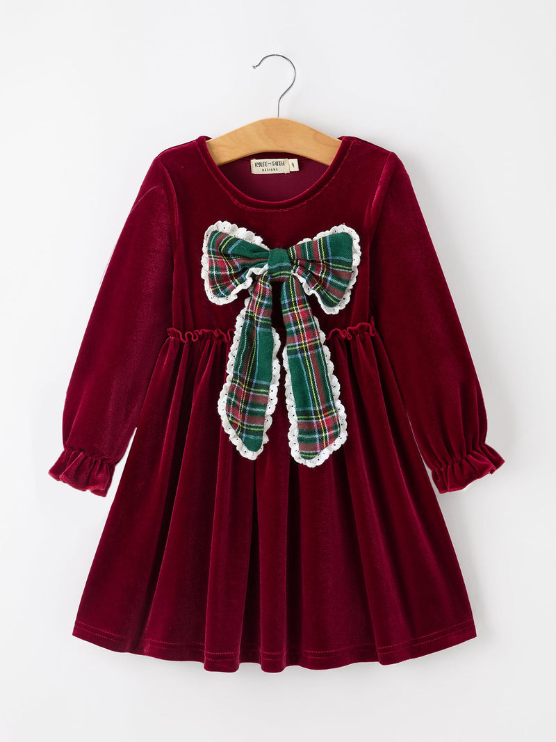 Girls Christmas Burgundy Velvet Plaid Bow Dress - 1