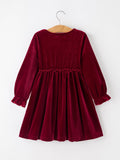 Girls Christmas Burgundy Velvet Plaid Bow Dress - 2
