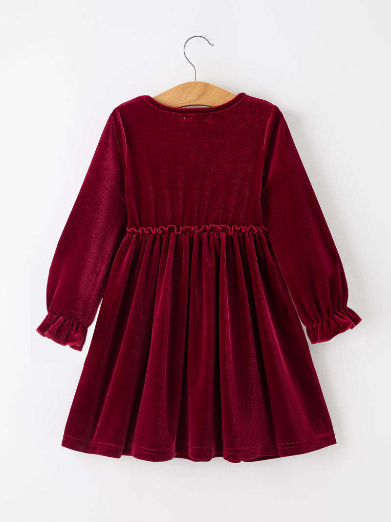 Girls Christmas Burgundy Velvet Plaid Bow Dress - 2