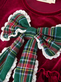 Girls Christmas Burgundy Velvet Plaid Bow Dress - 3