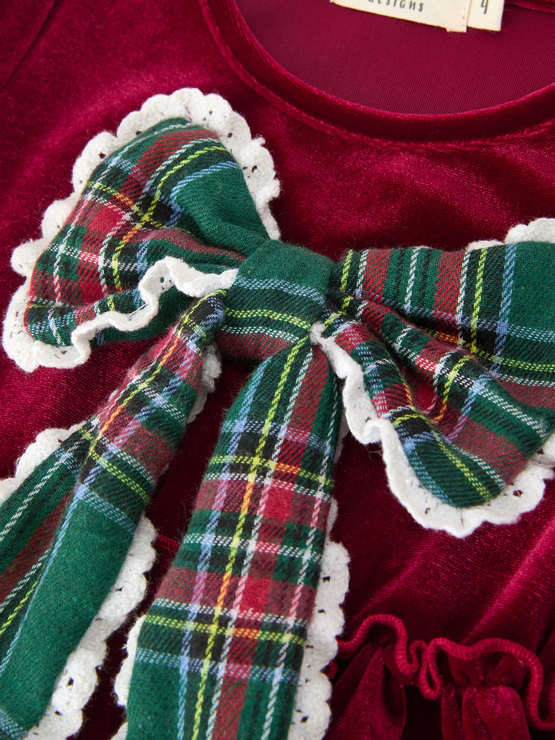Girls Christmas Burgundy Velvet Plaid Bow Dress - 3