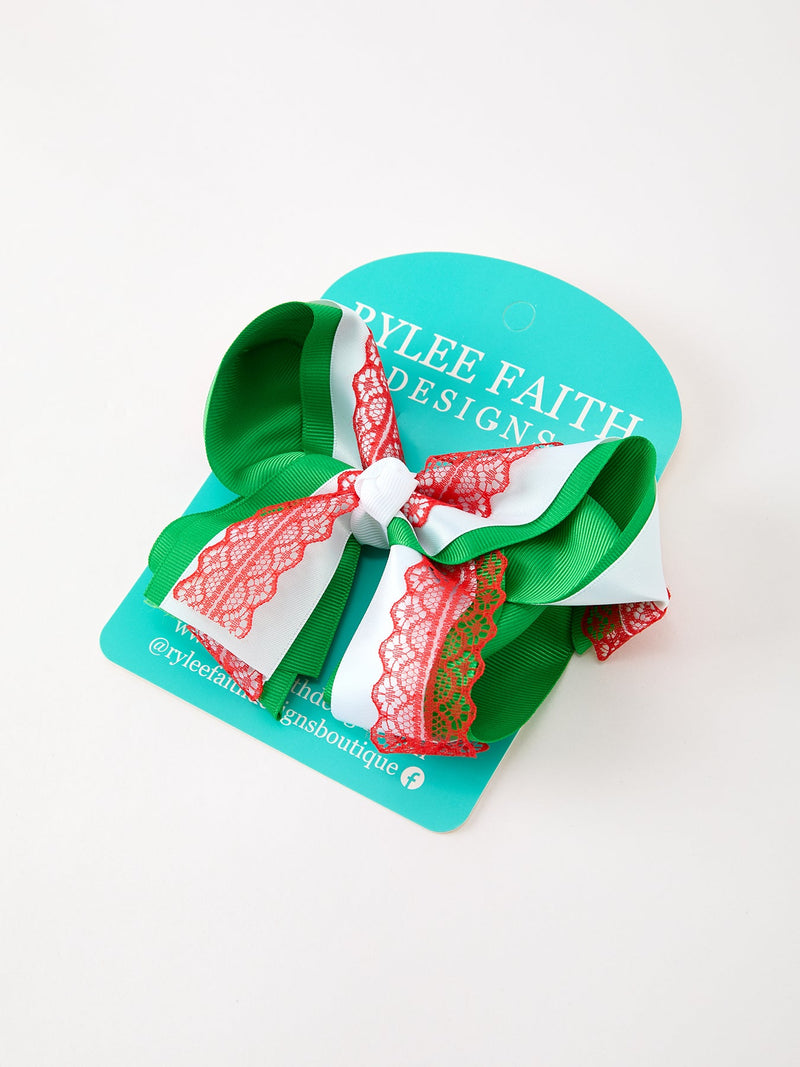 Christmas Red Lace Green Layered Bow Hair Clip 6.3 Inches - 1