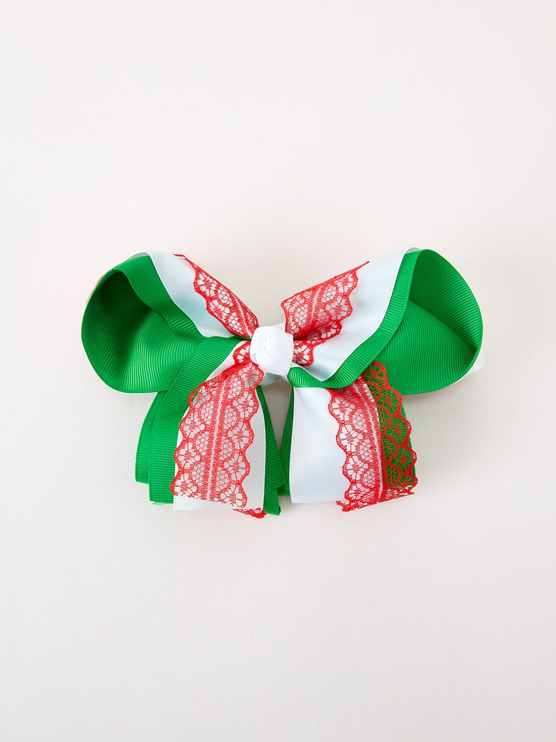 Christmas Red Lace Green Layered Bow Hair Clip 6.3 Inches - 2