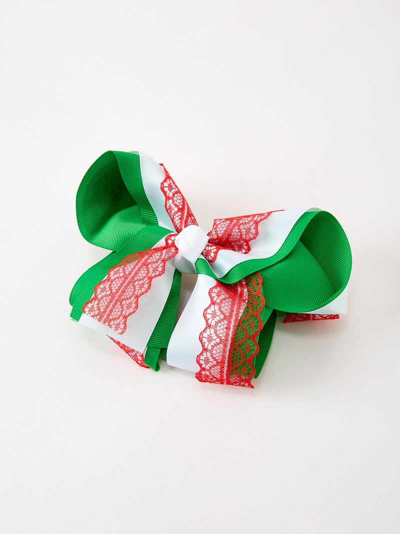 Christmas Red Lace Green Layered Bow Hair Clip 6.3 Inches - 3