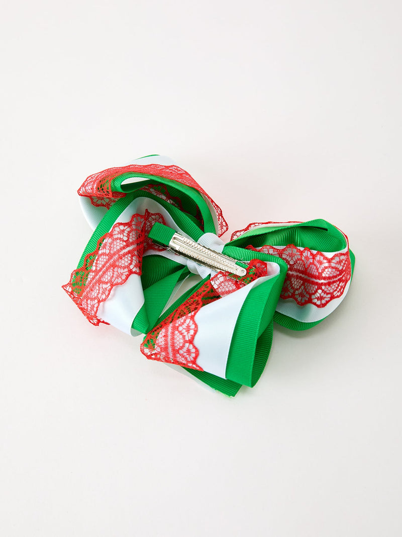Christmas Red Lace Green Layered Bow Hair Clip 6.3 Inches - 4