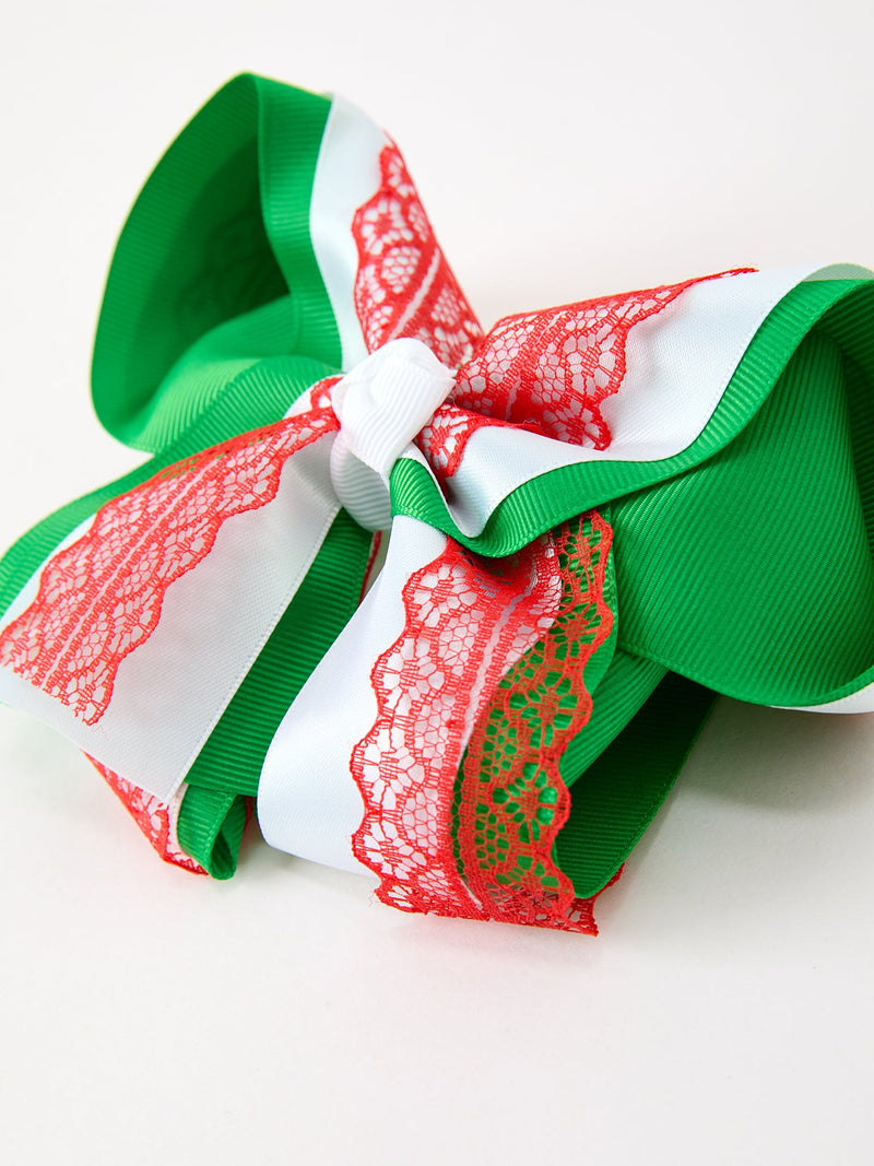 Christmas Red Lace Green Layered Bow Hair Clip 6.3 Inches - 6