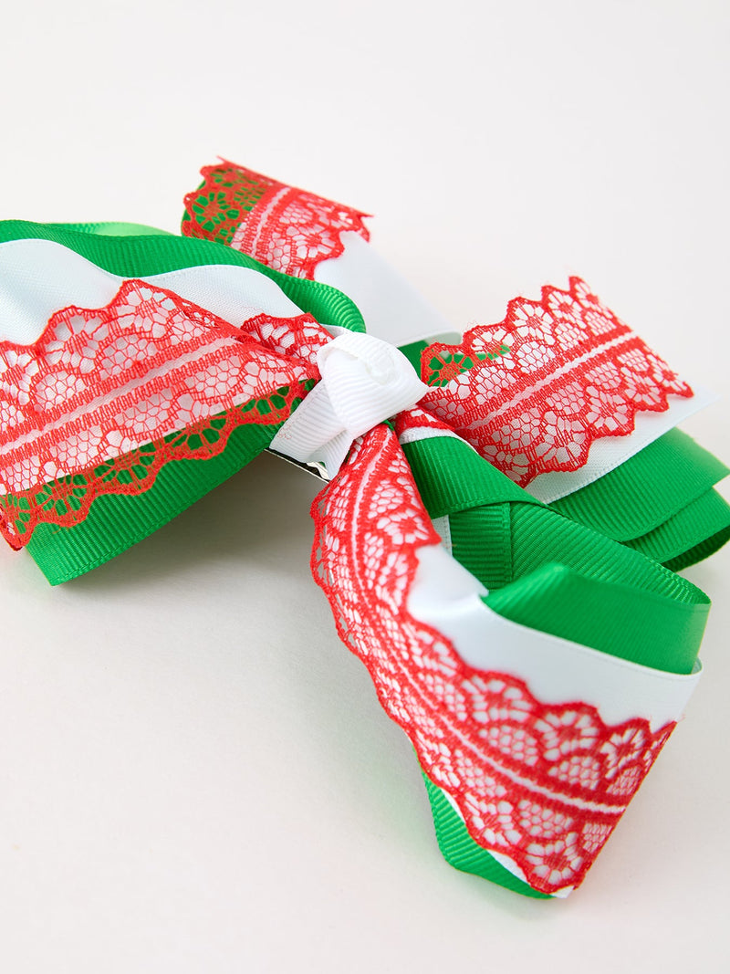 Christmas Red Lace Green Layered Bow Hair Clip 6.3 Inches - 7