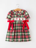 Christmas Girls Plaid Smocked Ruffle Collar Bow Dress - 1