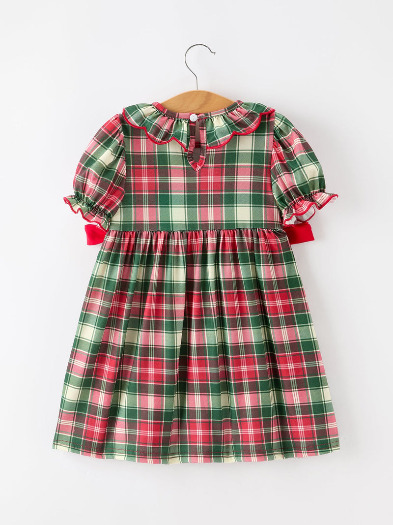 Christmas Girls Plaid Smocked Ruffle Collar Bow Dress - 2