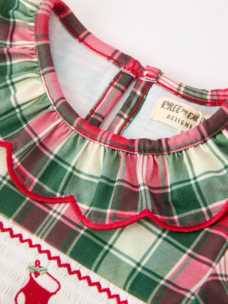 Christmas Girls Plaid Smocked Ruffle Collar Bow Dress - 3