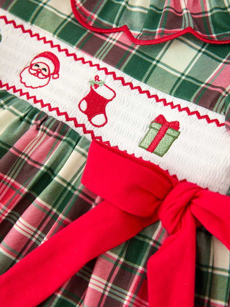 Christmas Girls Plaid Smocked Ruffle Collar Bow Dress - 4