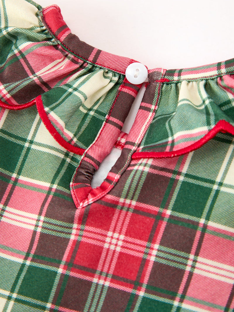 Christmas Girls Plaid Smocked Ruffle Collar Bow Dress - 5