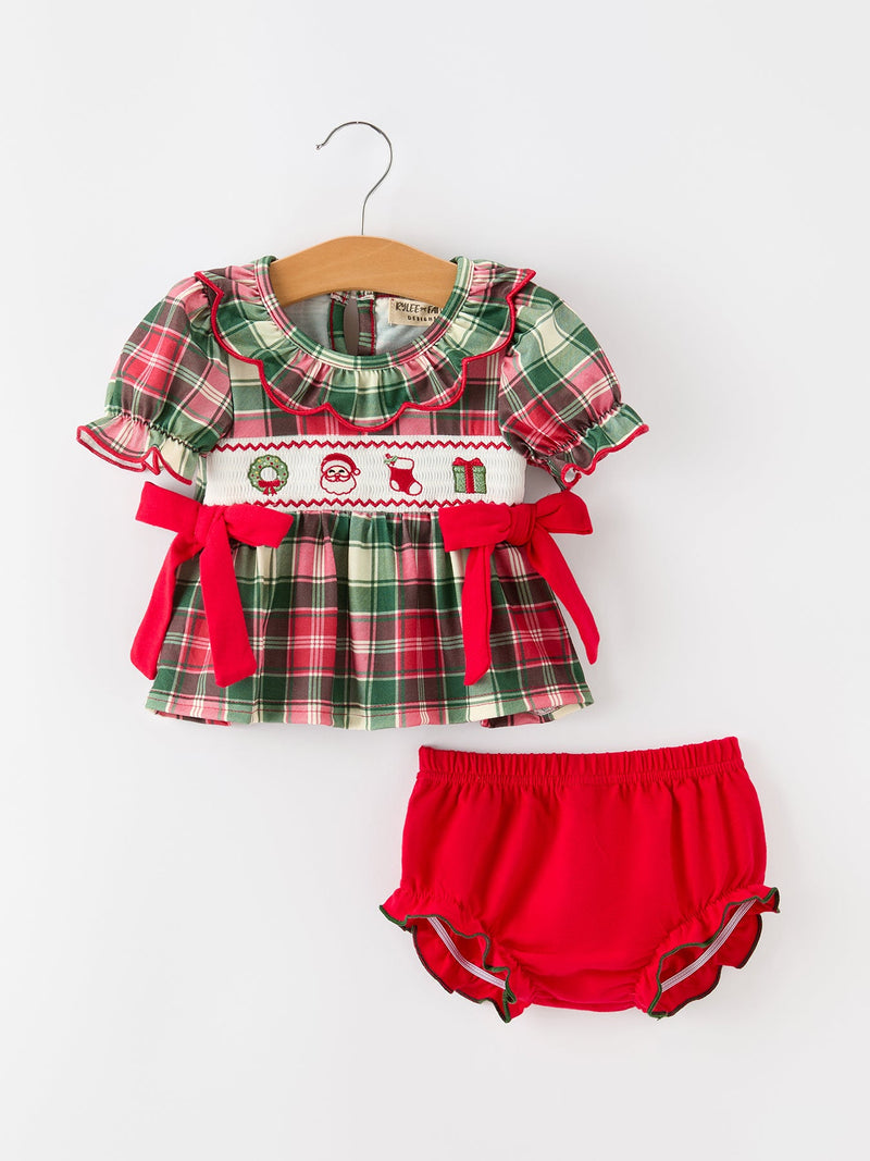 Christmas Girls Plaid Smocked Ruffle Collar Bloomer Set - 1