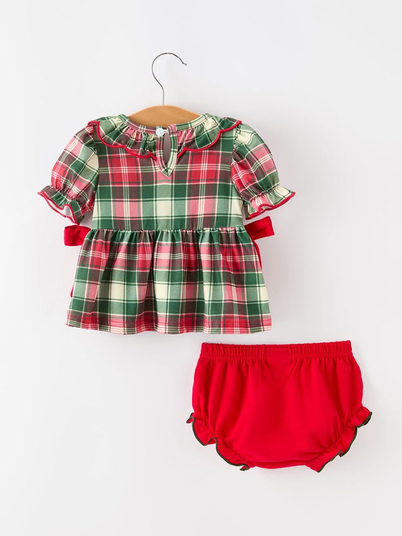 Christmas Girls Plaid Smocked Ruffle Collar Bloomer Set - 2