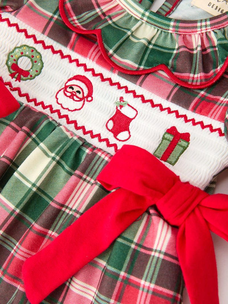 Christmas Girls Plaid Smocked Ruffle Collar Bloomer Set - 3