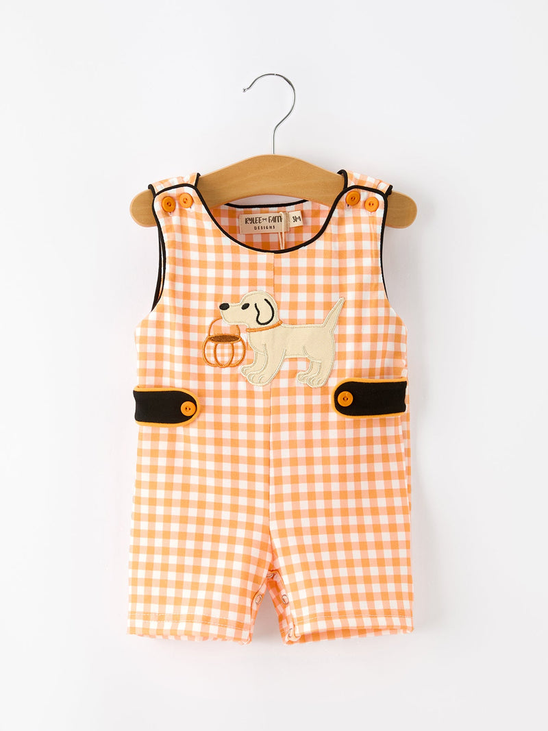 Boys Halloween Dog Pumpkin Jonjon Plaid Trim Outfit - 1
