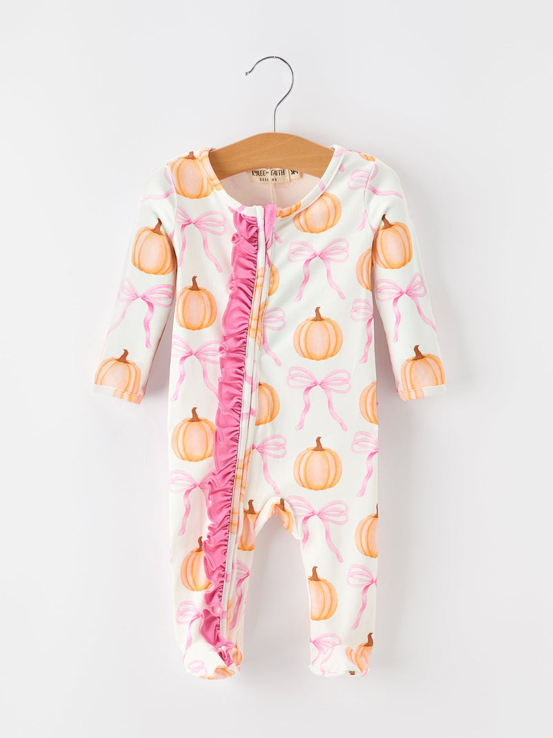 Fall Baby Girls Pumpkin Bow Ruffle Zip Romper - 1