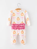 Fall Baby Girls Pumpkin Bow Ruffle Zip Romper - 2