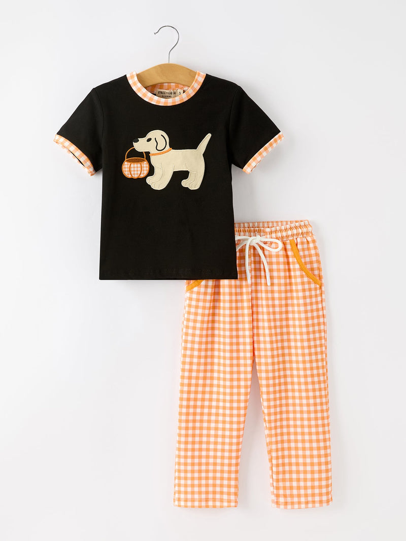 Boys Halloween Dog Pumpkin Outfit Set Plaid Pants - 1