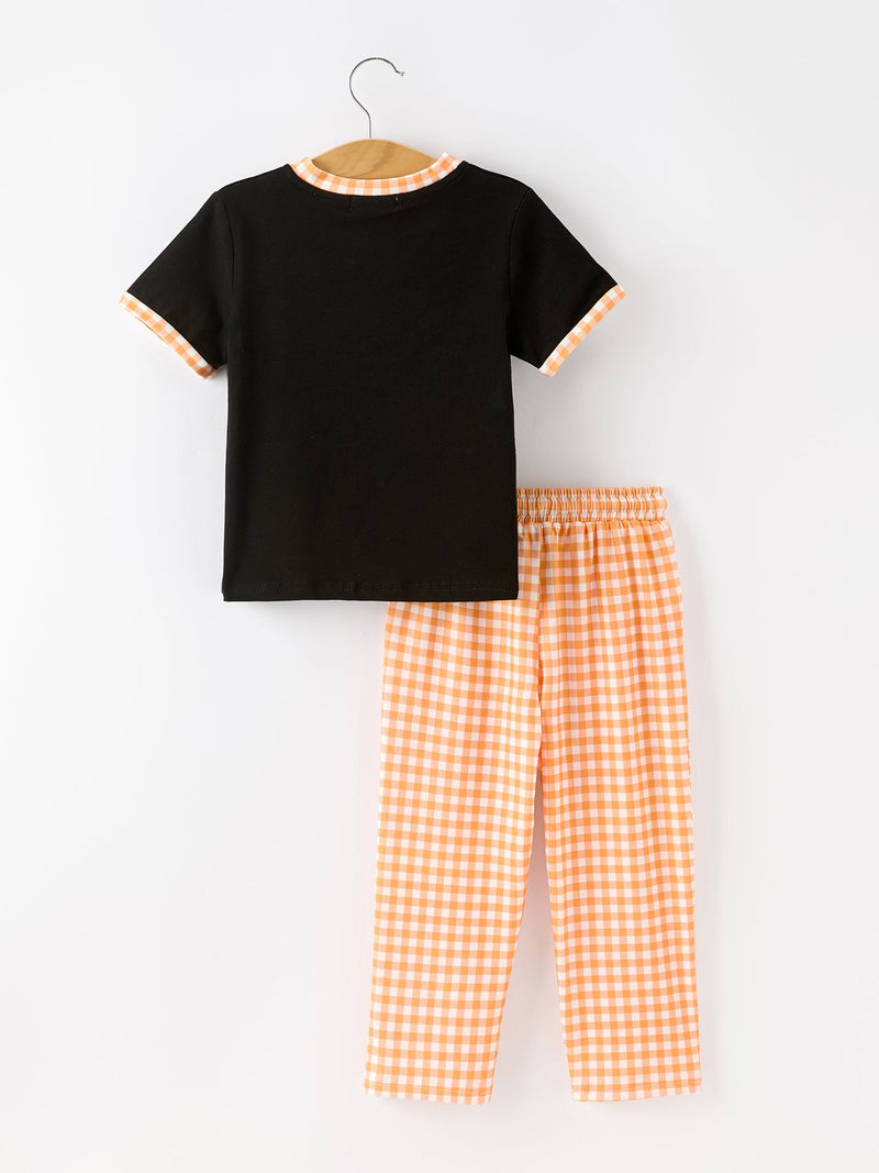 Boys Halloween Dog Pumpkin Outfit Set Plaid Pants - 2