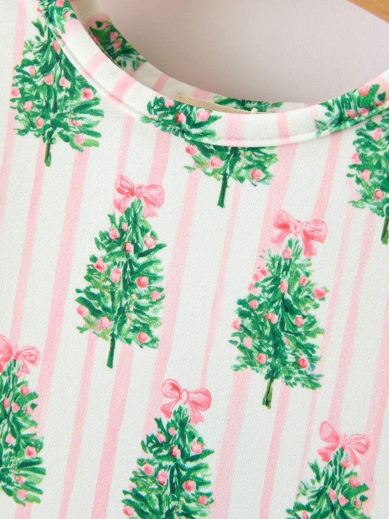Christmas Girls Pink Stripe Tree Bow Twirl Dress - 3