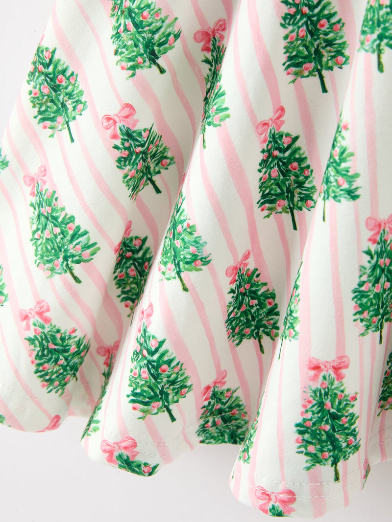 Christmas Girls Pink Stripe Tree Bow Twirl Dress - 5