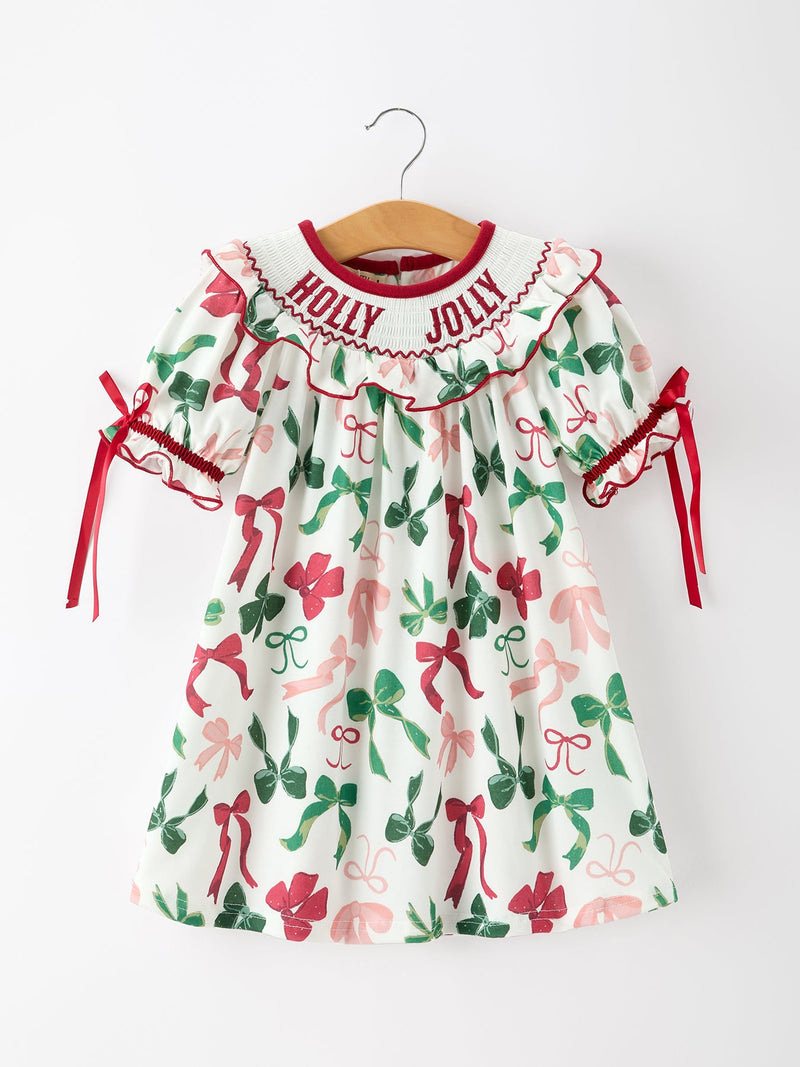 Christmas Girls Holly Jolly Bow Smocked Ruffle Dress - 1