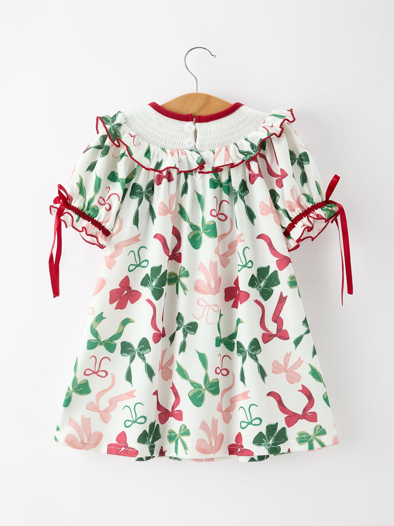 Christmas Girls Holly Jolly Bow Smocked Ruffle Dress - 2