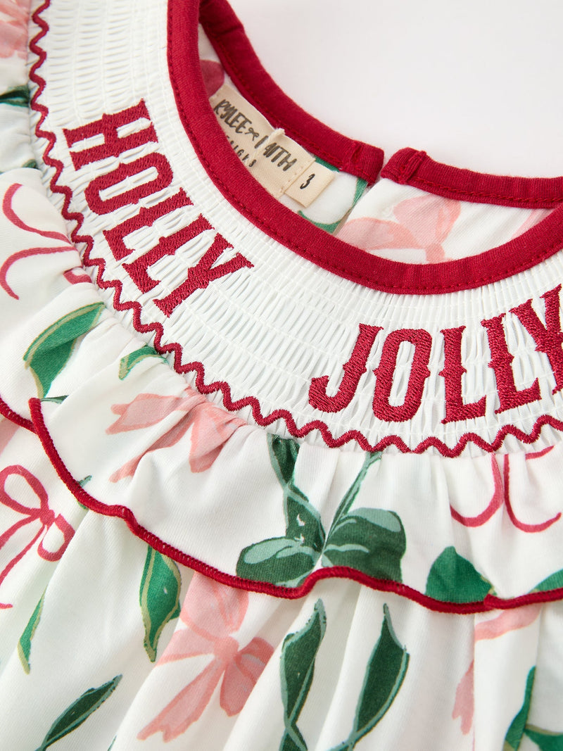 Christmas Girls Holly Jolly Bow Smocked Ruffle Dress - 3