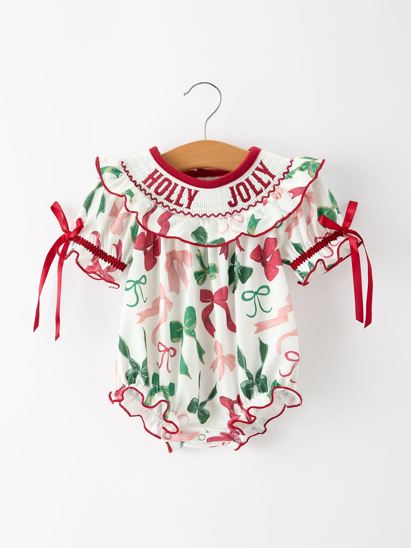 Christmas Baby Girls Holly Jolly Smocked Bubble Romper - 1