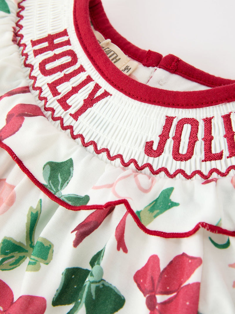Christmas Baby Girls Holly Jolly Smocked Bubble Romper - 3